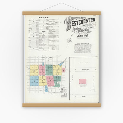 Old map wall art mockup — magnetic wood frame on white wall — Sanborn Fire Insurance Map from West Chester, Chester County, Pennsylvania (1896), Sheet #0001