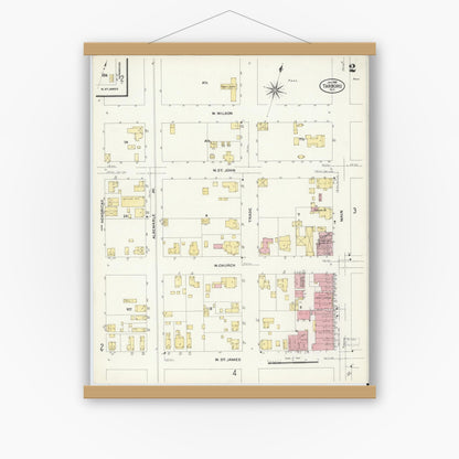 Old map wall art mockup — magnetic wood frame on white wall — Sanborn Fire Insurance Map from Tarboro, Edgecombe County, North Carolina (1908), Sheet #0002