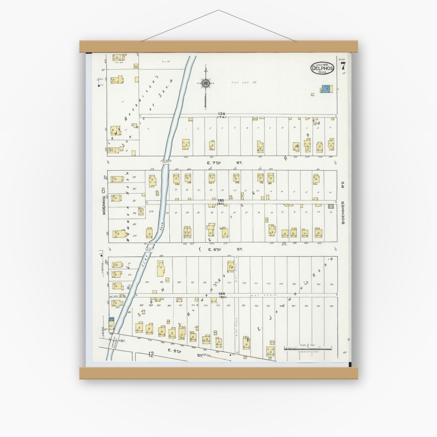 Old map wall art mockup — magnetic wood frame on white wall — Sanborn Fire Insurance Map from Delphos, Van Wert And Allen Counties, Ohio (1921), Sheet #0007