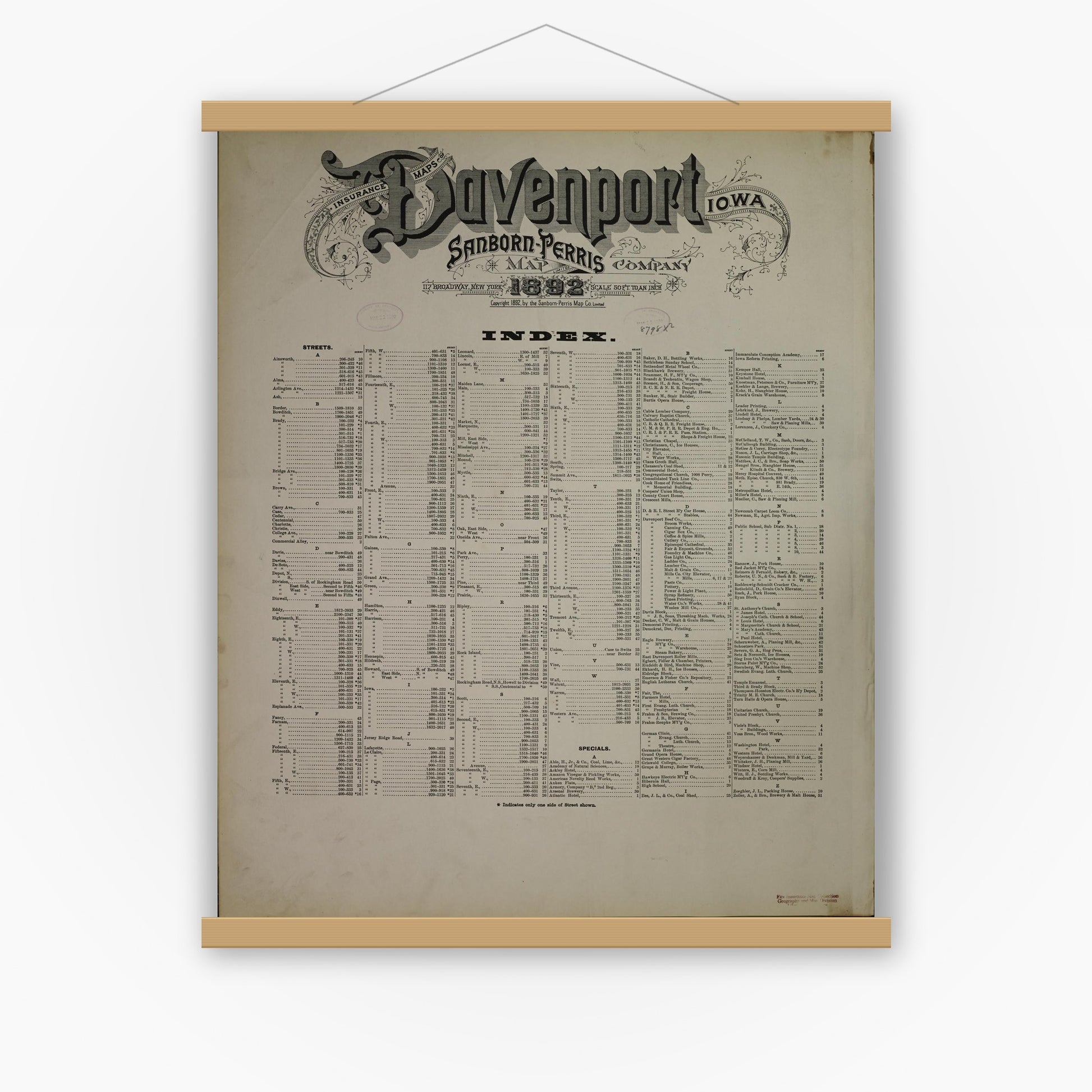 Old map wall art mockup — magnetic wood frame on white wall — Sanborn Fire Insurance Map from Davenport, Scott County, Iowa (1892), Sheet #0001