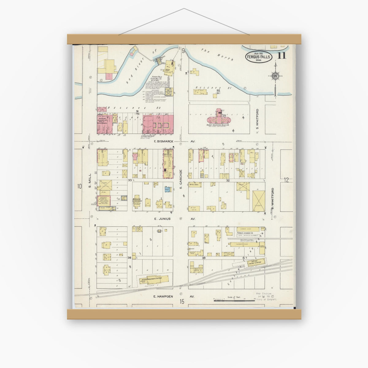 Old map wall art mockup — magnetic wood frame on white wall — Sanborn Fire Insurance Map from Fergus Falls, Otter Tail County, Minnesota (1915), Sheet #0011