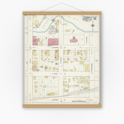 Old map wall art mockup — magnetic wood frame on white wall — Sanborn Fire Insurance Map from Fergus Falls, Otter Tail County, Minnesota (1915), Sheet #0011