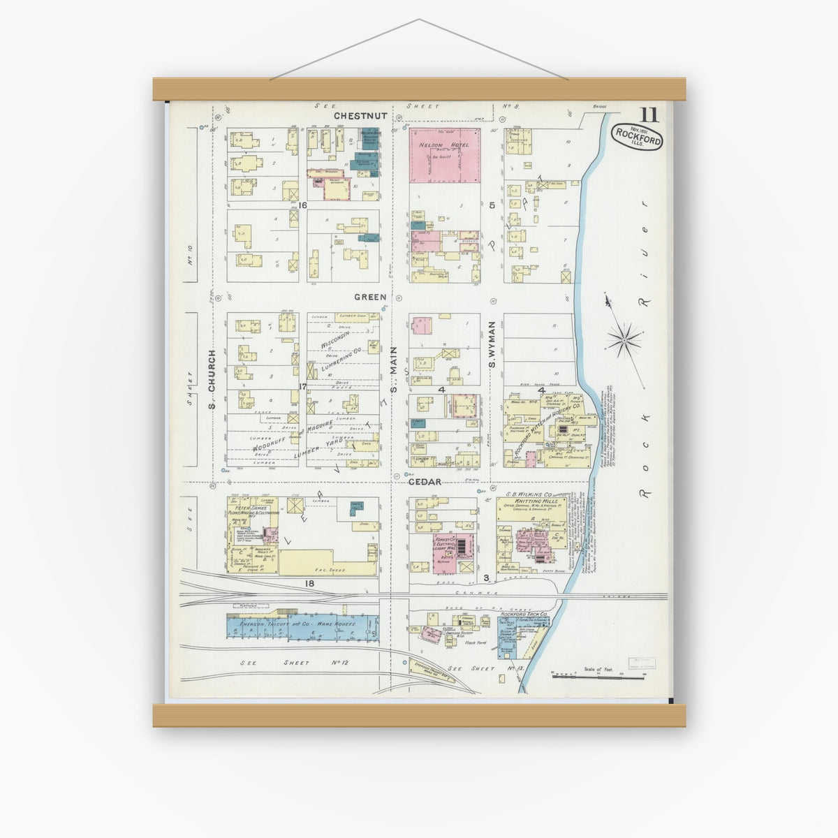 Old map wall art mockup — magnetic wood frame on white wall — Sanborn Fire Insurance Map from Rockford, Winnebago County, Illinois (1891), Sheet #0011