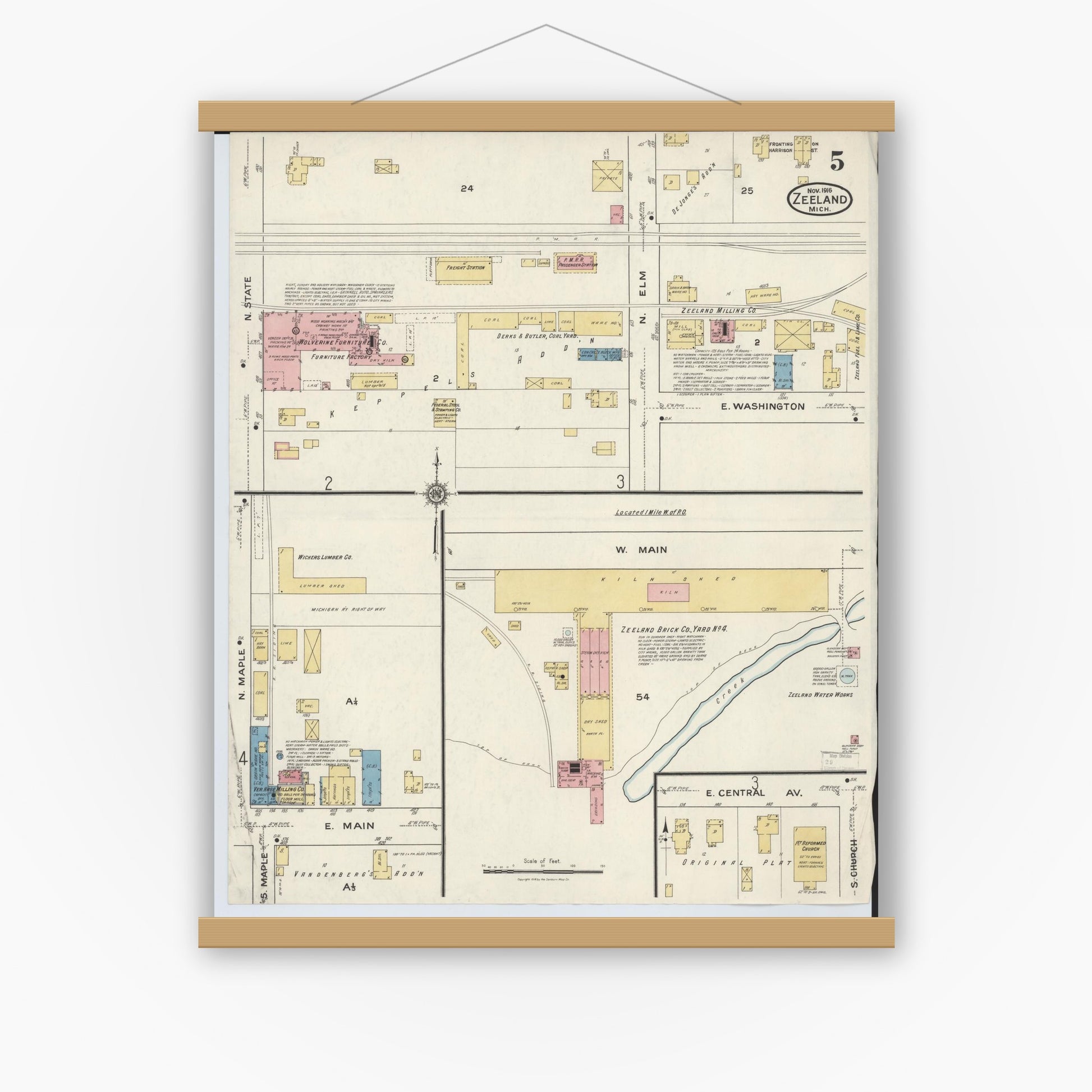 Old map wall art mockup — magnetic wood frame on white wall — Sanborn Fire Insurance Map from Zeeland, Ottawa County, Michigan (1916), Sheet #0005