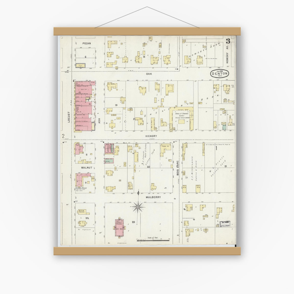 Old map wall art mockup — magnetic wood frame on white wall — Sanborn Fire Insurance Map from Denton, Denton County, Texas (1896), Sheet #0003