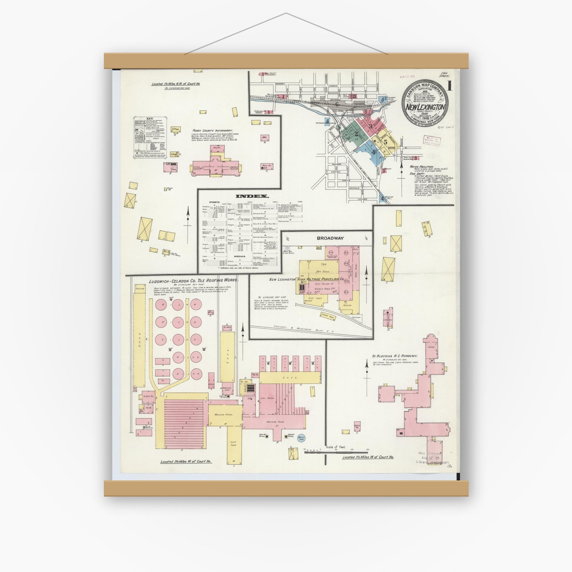 Old map wall art mockup — magnetic wood frame on white wall — Sanborn Fire Insurance Map from New Lexington, Perry County, Ohio (1909), Sheet #0001