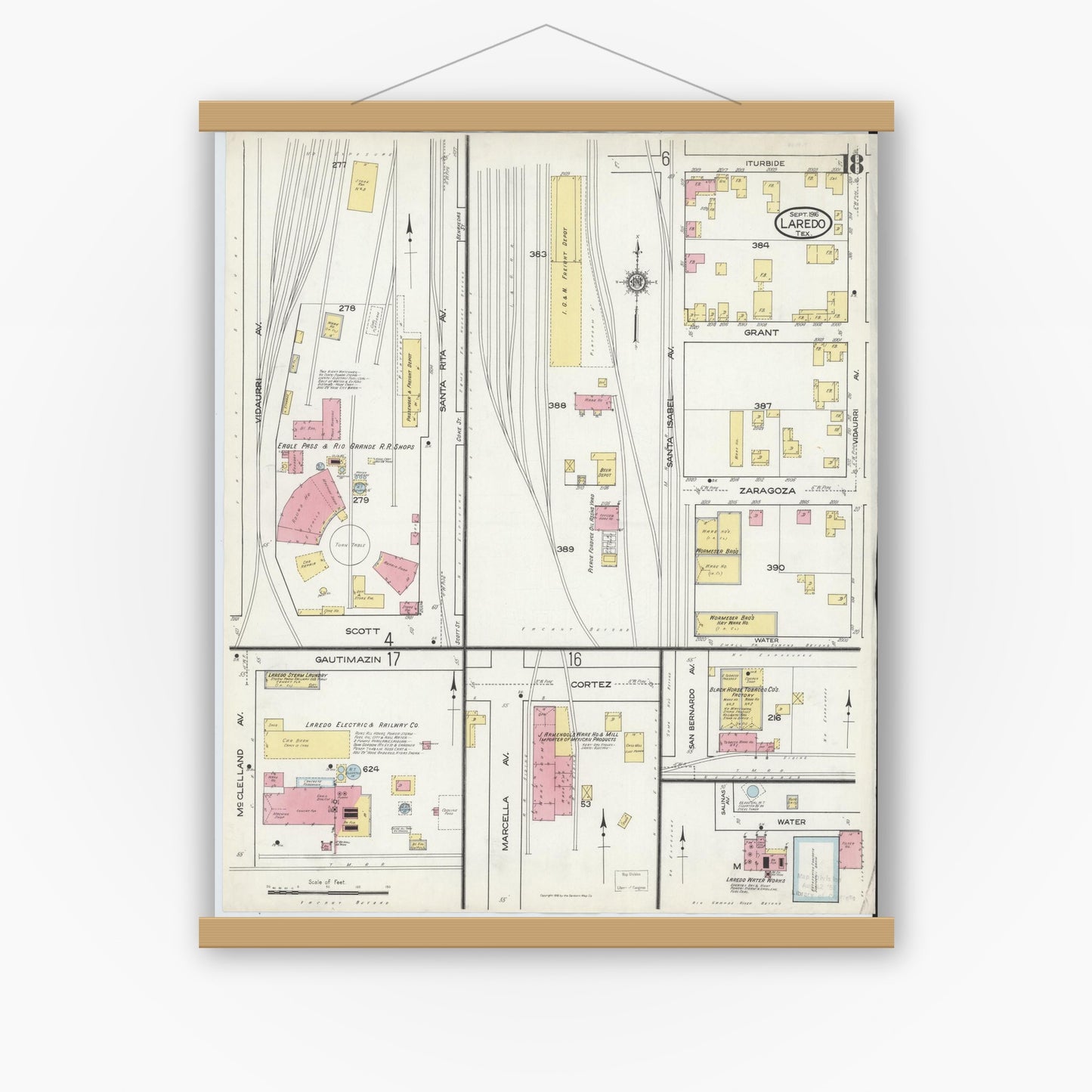 Old map wall art mockup — magnetic wood frame on white wall — Sanborn Fire Insurance Map from Laredo, Webb County, Texas (1916), Sheet #0018