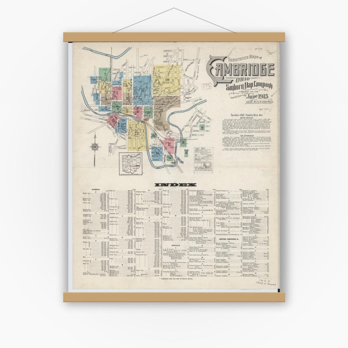 Old map wall art mockup — magnetic wood frame on white wall — Sanborn Fire Insurance Map from Cambridge, Guernsey County, Ohio (1915) - Complete Map Set