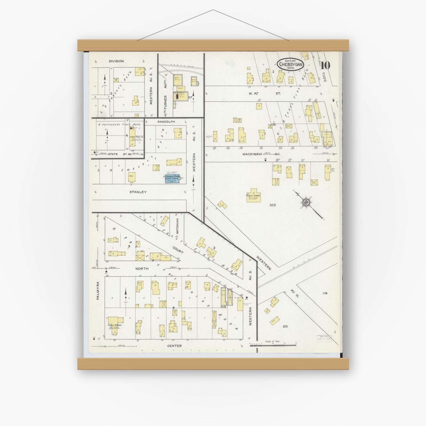 Old map wall art mockup — magnetic wood frame on white wall — Sanborn Fire Insurance Map from Cheboygan, Cheboygan County, Michigan (1915), Sheet #0010