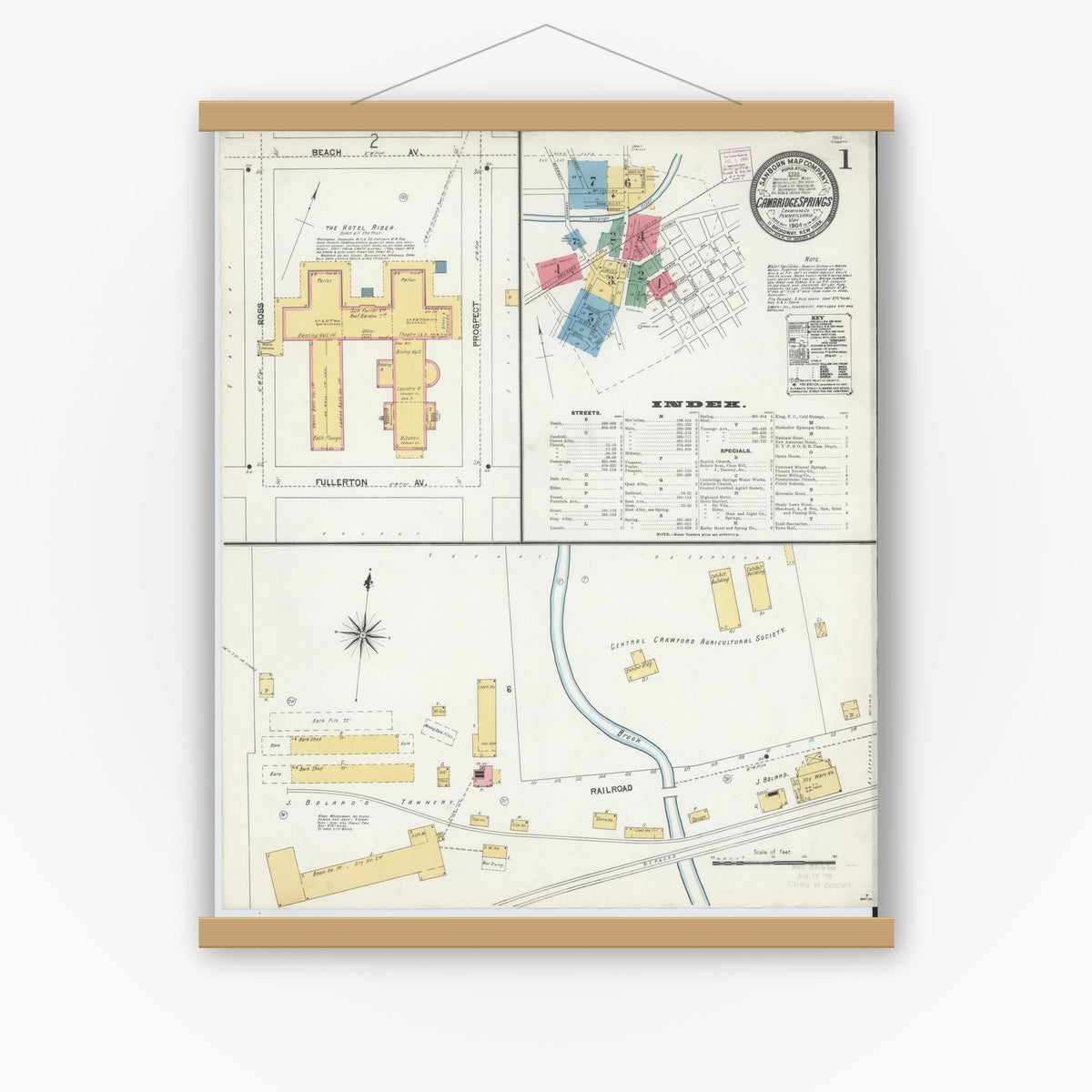 Old map wall art mockup — magnetic wood frame on white wall — Sanborn Fire Insurance Map from Cambridge Springs, Crawford County, Pennsylvania (1904) - Complete Map Set
