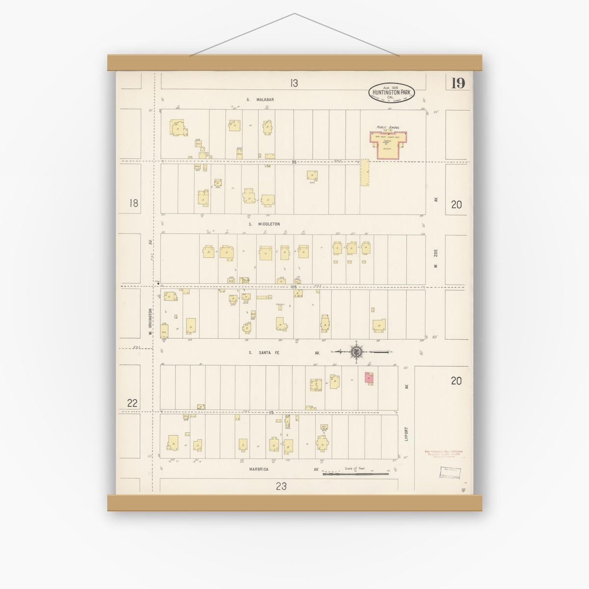 Old map wall art mockup — magnetic wood frame on white wall — Sanborn Fire Insurance Map from Huntington Park, Los Angeles County, California (1916), Sheet #0019