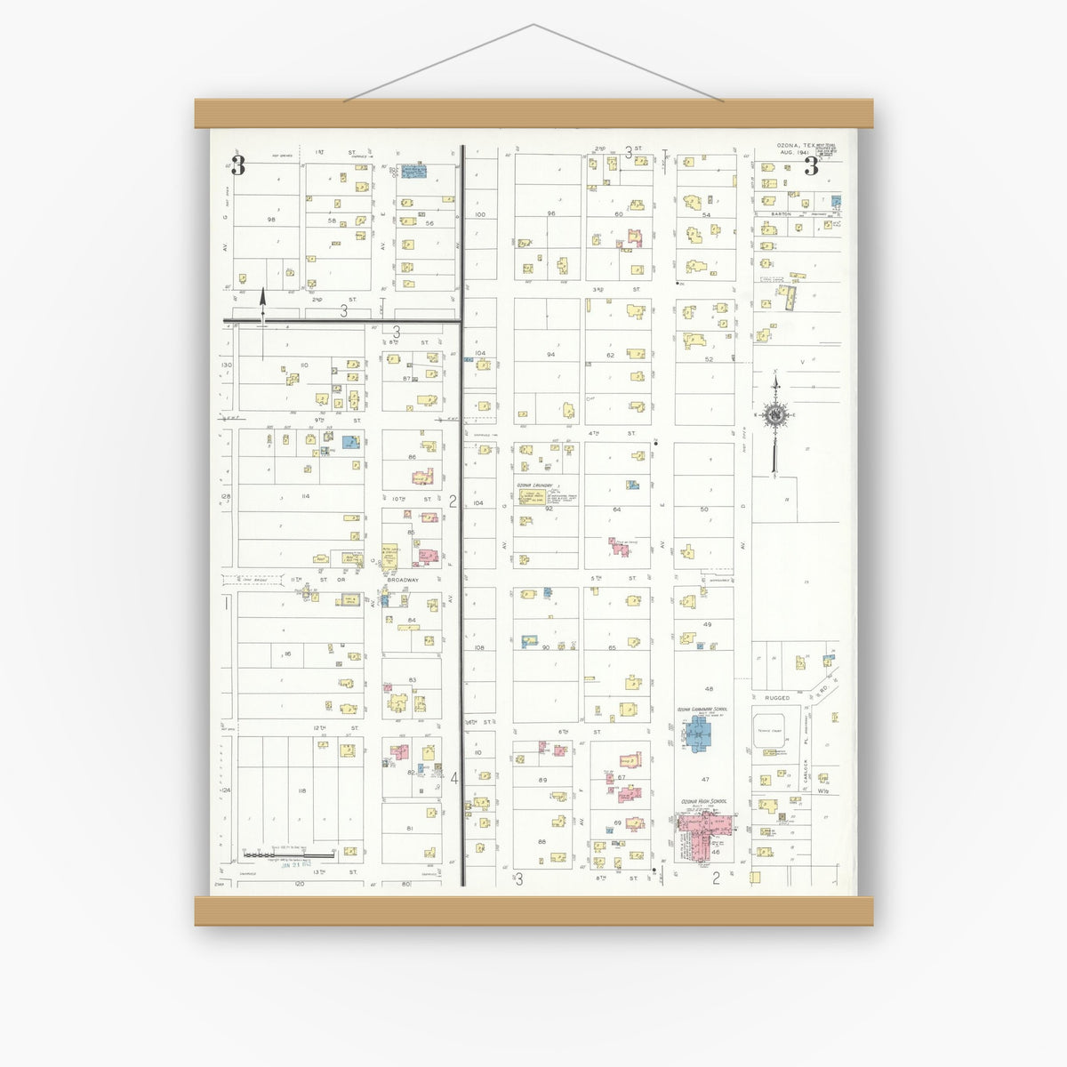 Old map wall art mockup — magnetic wood frame on white wall — Sanborn Fire Insurance Map from Ozona, Crockett County, Texas (1941), Sheet #0003