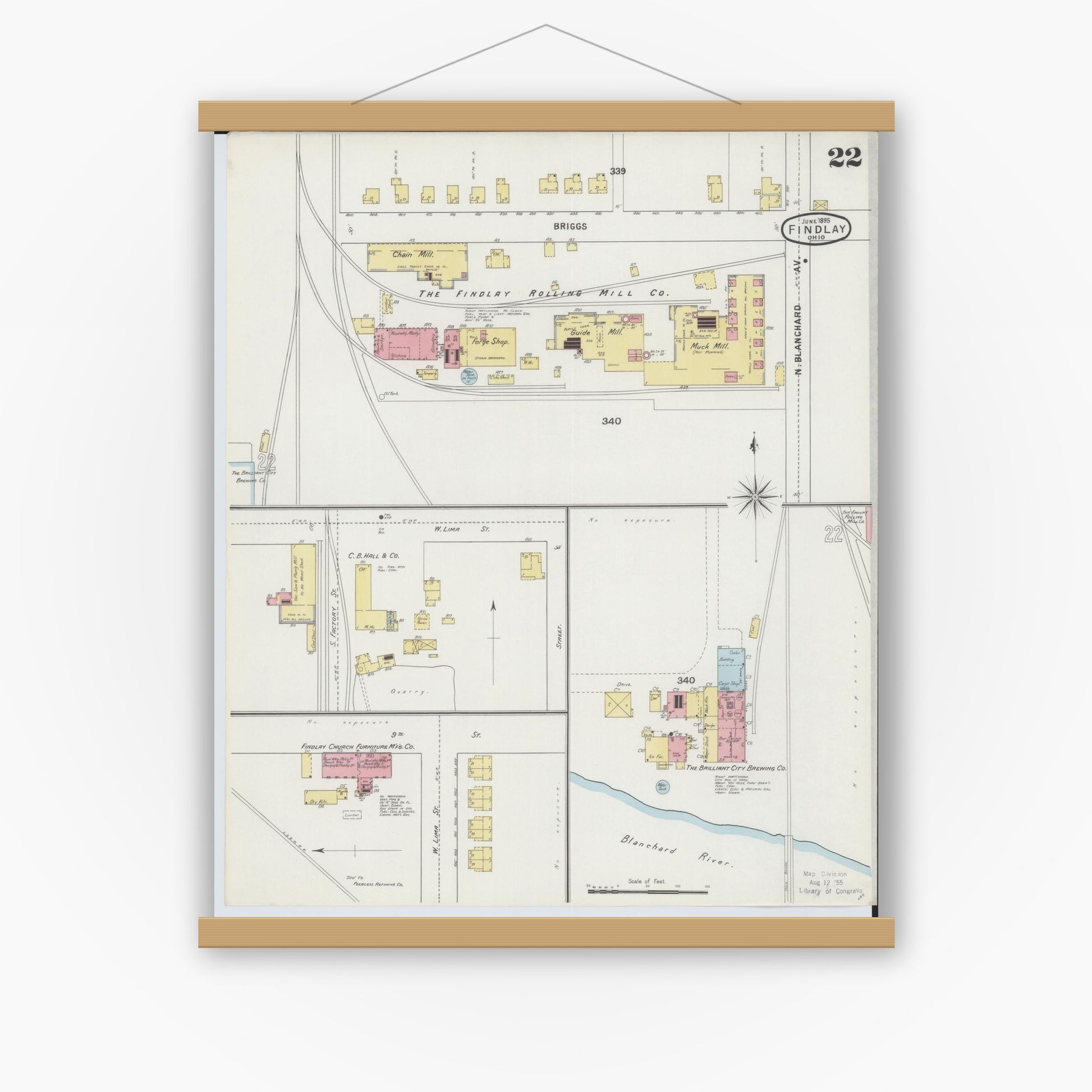 Old map wall art mockup — magnetic wood frame on white wall — Sanborn Fire Insurance Map from Findlay, Hancock County, Ohio (1895), Sheet #0022