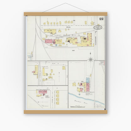 Old map wall art mockup — magnetic wood frame on white wall — Sanborn Fire Insurance Map from Findlay, Hancock County, Ohio (1895), Sheet #0022