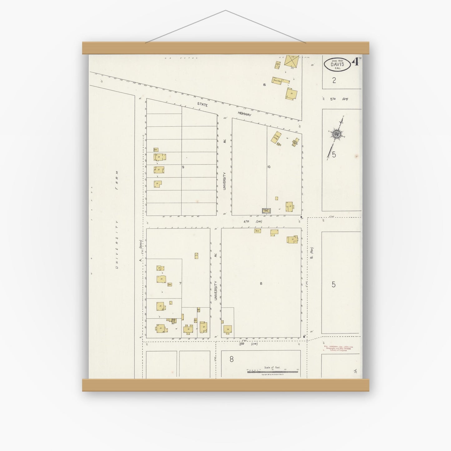 Old map wall art mockup — magnetic wood frame on white wall — Sanborn Fire Insurance Map from Davis, Yolo County, California (1921), Sheet #0004