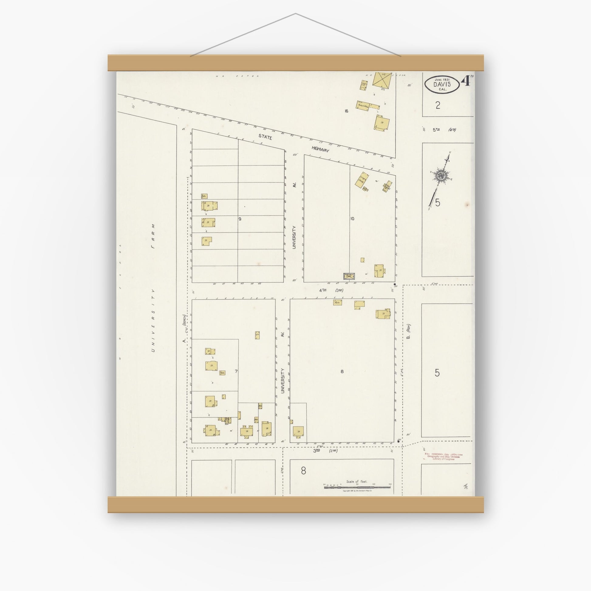 Old map wall art mockup — magnetic wood frame on white wall — Sanborn Fire Insurance Map from Davis, Yolo County, California (1921), Sheet #0004