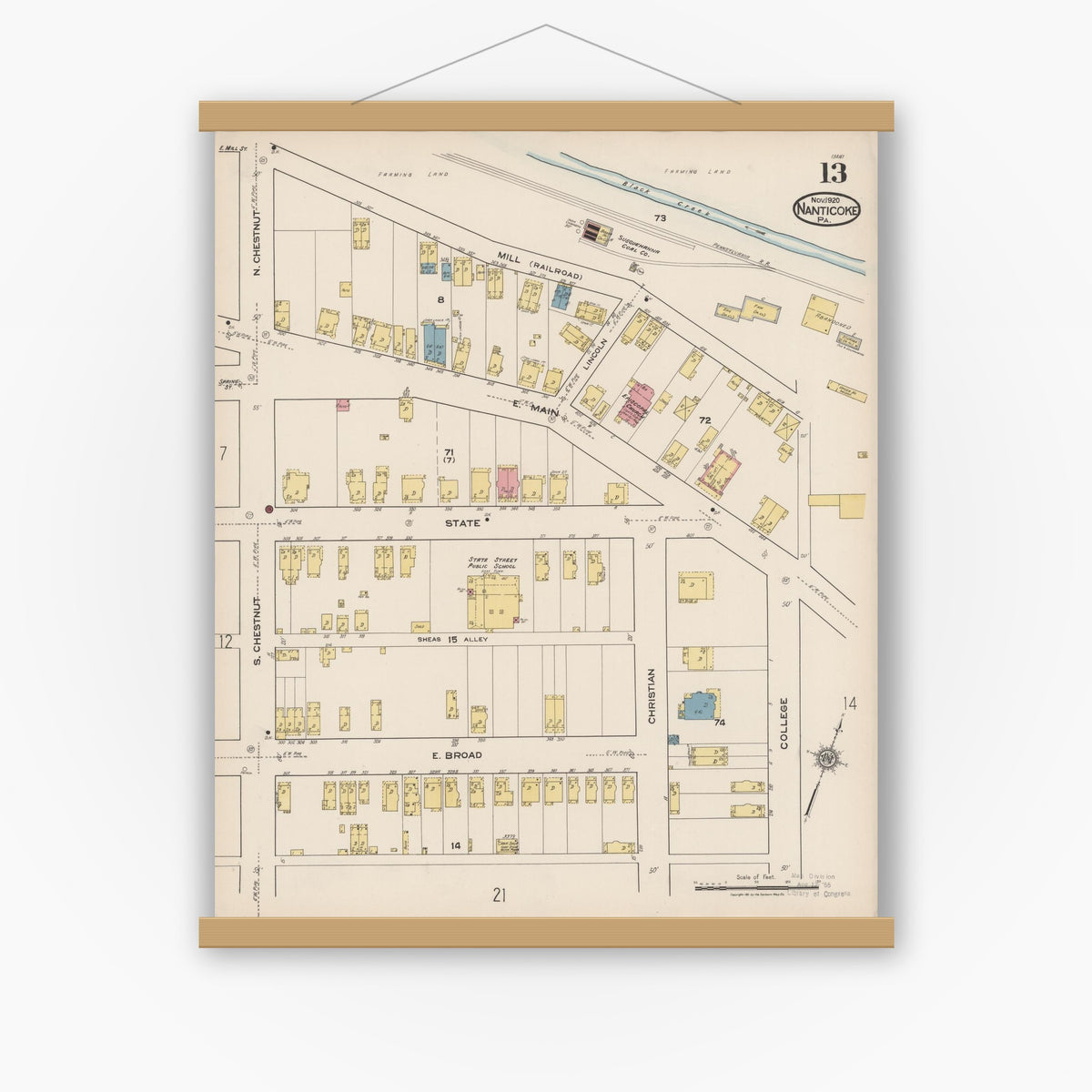 Old map wall art mockup — magnetic wood frame on white wall — Sanborn Fire Insurance Map from Nanticoke, Luzerne County, Pennsylvania (1920), Sheet #0013