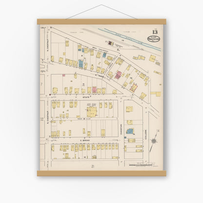 Old map wall art mockup — magnetic wood frame on white wall — Sanborn Fire Insurance Map from Nanticoke, Luzerne County, Pennsylvania (1920), Sheet #0013