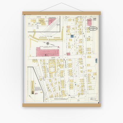 Old map wall art mockup — magnetic wood frame on white wall — Sanborn Fire Insurance Map from East Liverpool, Columbiana County, Ohio (1913), Sheet #0027