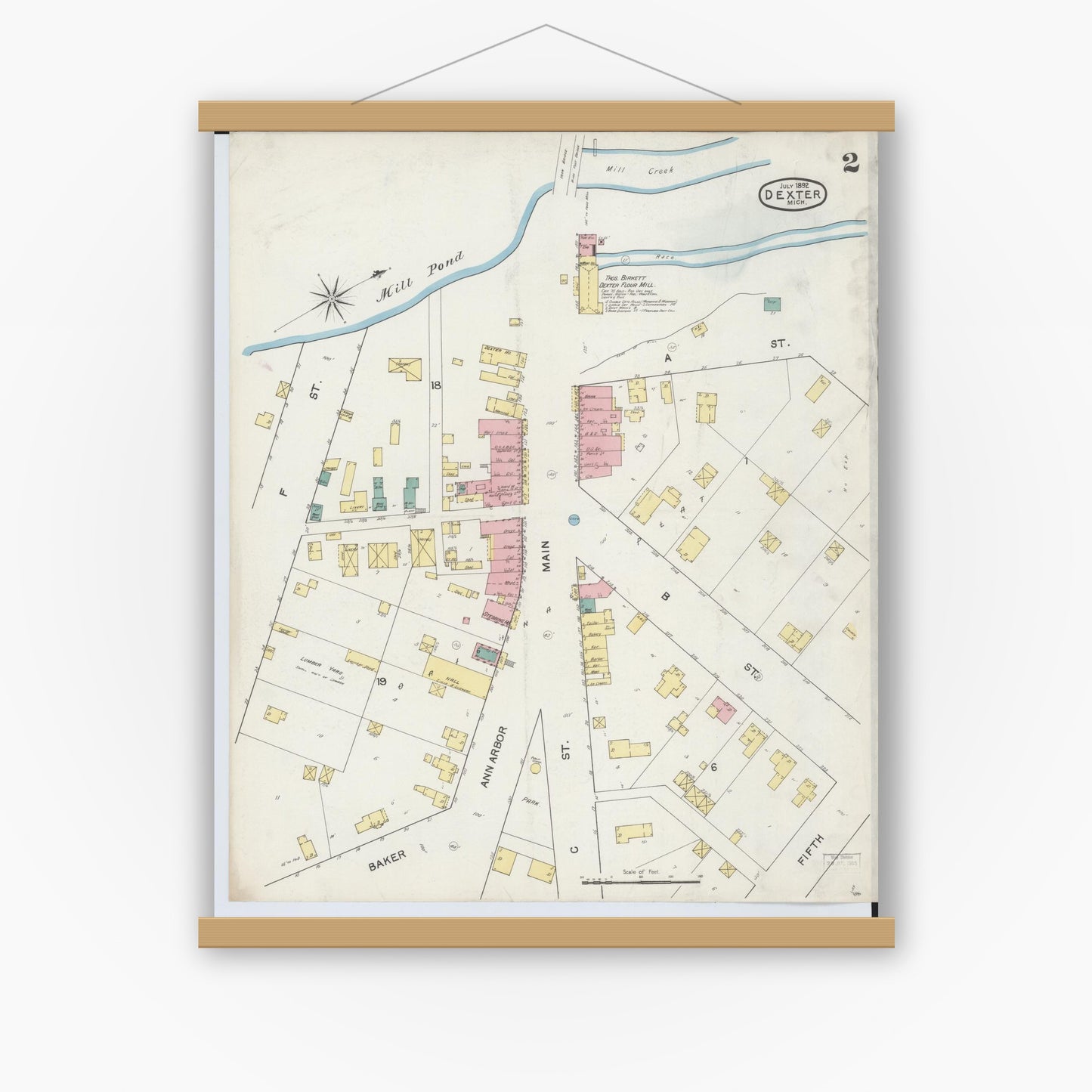 Old map wall art mockup — magnetic wood frame on white wall — Sanborn Fire Insurance Map from Dexter, Washtenaw County, Michigan (1892), Sheet #0002