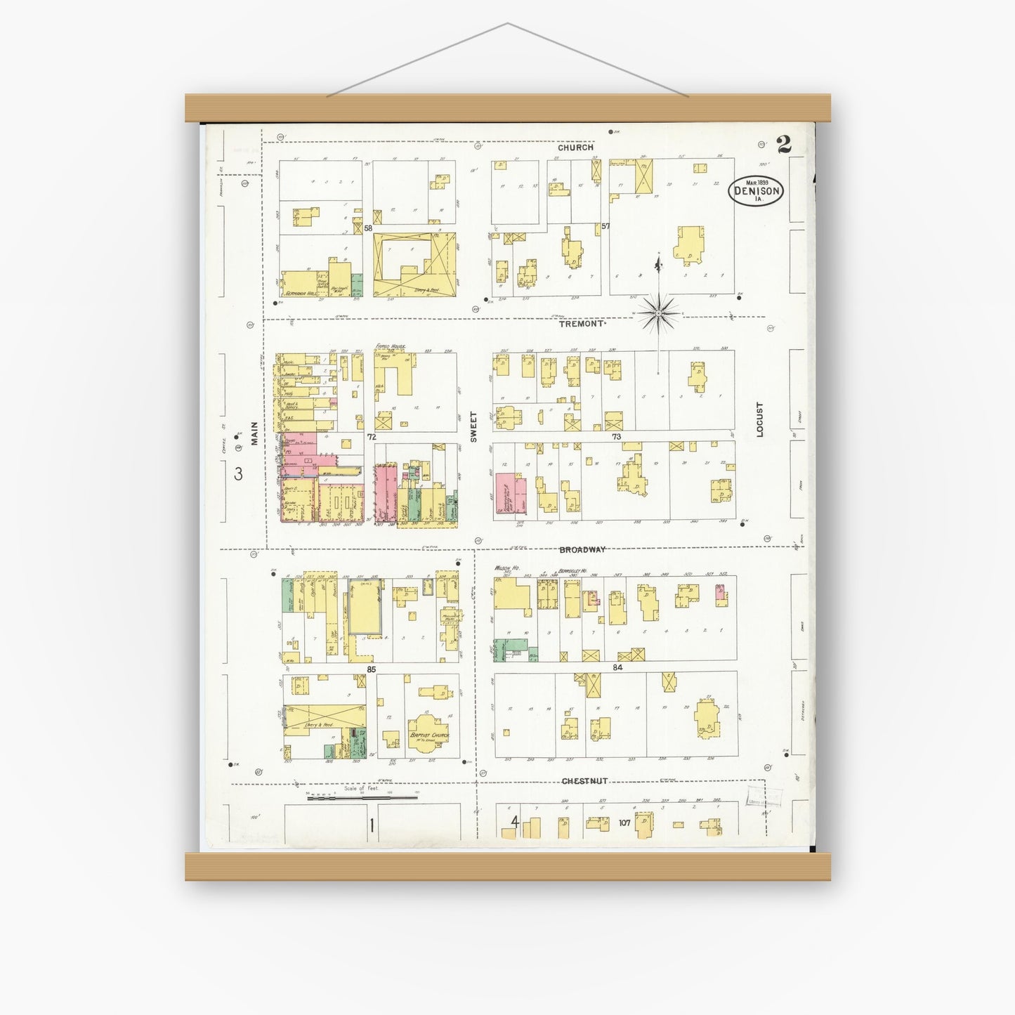 Old map wall art mockup — magnetic wood frame on white wall — Sanborn Fire Insurance Map from Denison, Crawford County, Iowa (1899), Sheet #0002