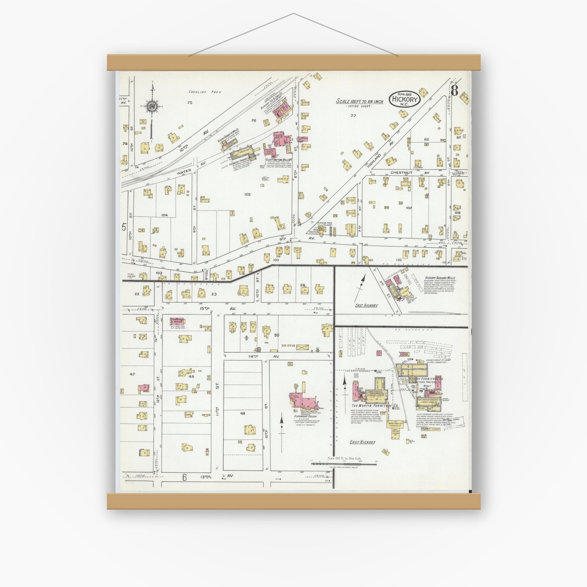 Old map wall art mockup — magnetic wood frame on white wall — Sanborn Fire Insurance Map from Hickory, Catawba County, North Carolina (1919), Sheet #0008