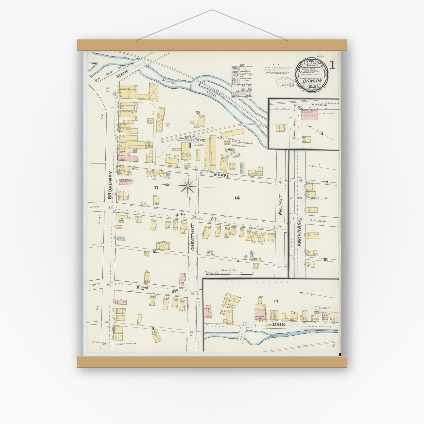Old map wall art mockup — magnetic wood frame on white wall — Sanborn Fire Insurance Map from Bangor, Northampton County, Pennsylvania (1892) - Complete Map Set