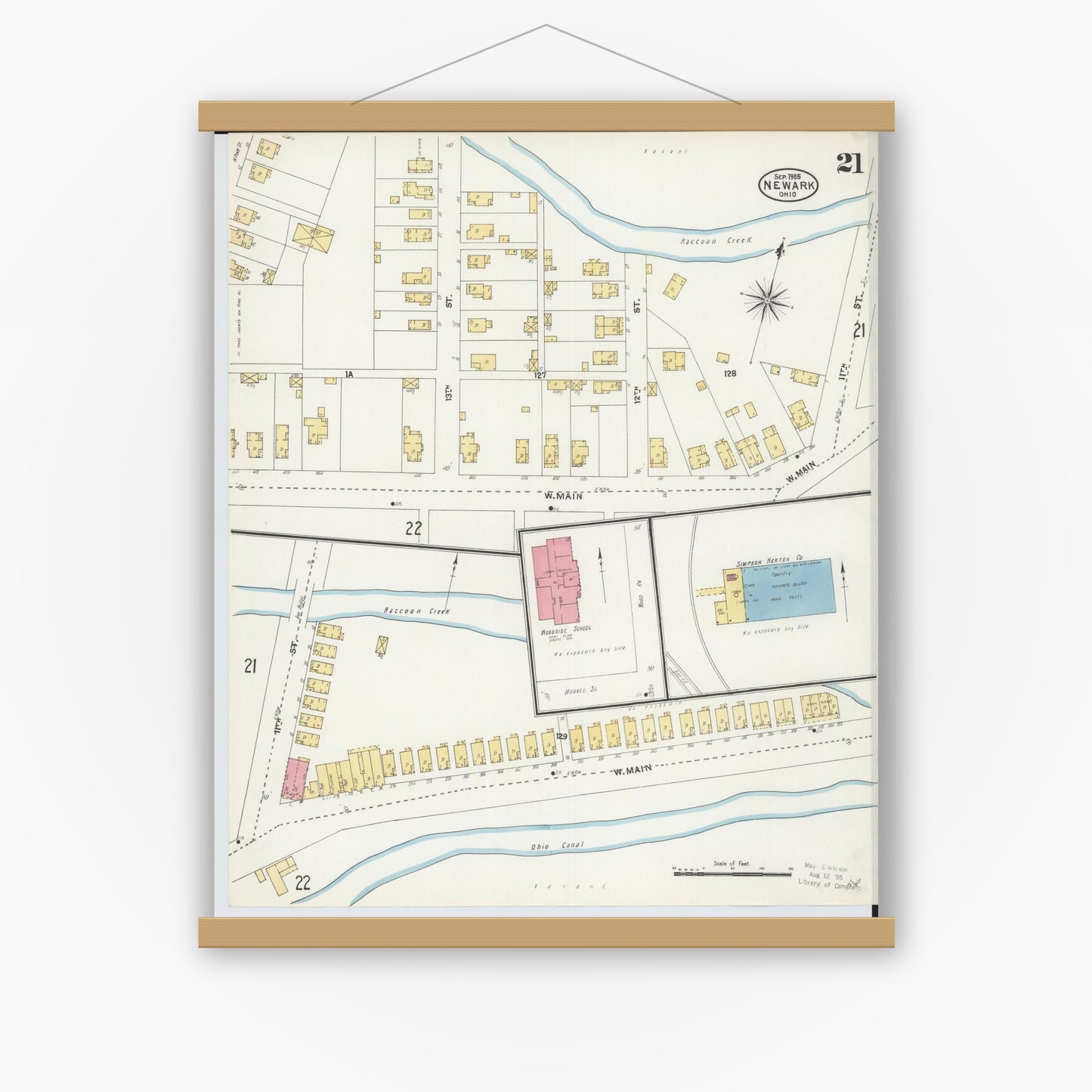 Old map wall art mockup — magnetic wood frame on white wall — Sanborn Fire Insurance Map from Newark, Licking County, Ohio (1905), Sheet #0021