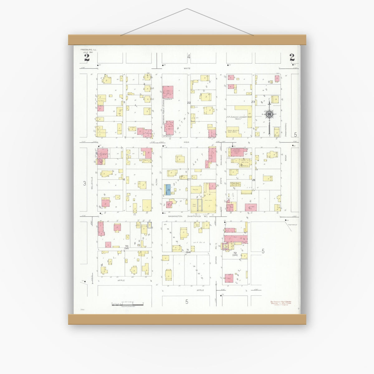Old map wall art mockup — magnetic wood frame on white wall — Sanborn Fire Insurance Map from Freeburg, Saint Clair County, Illinois (1941), Sheet #0002
