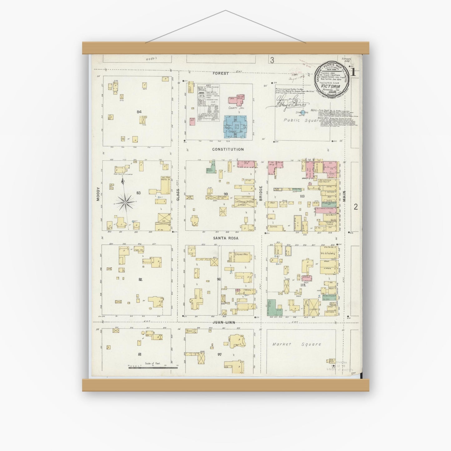 Old map wall art mockup — magnetic wood frame on white wall — Sanborn Fire Insurance Map from Victoria, Victoria County, Texas (1896), Sheet #0001