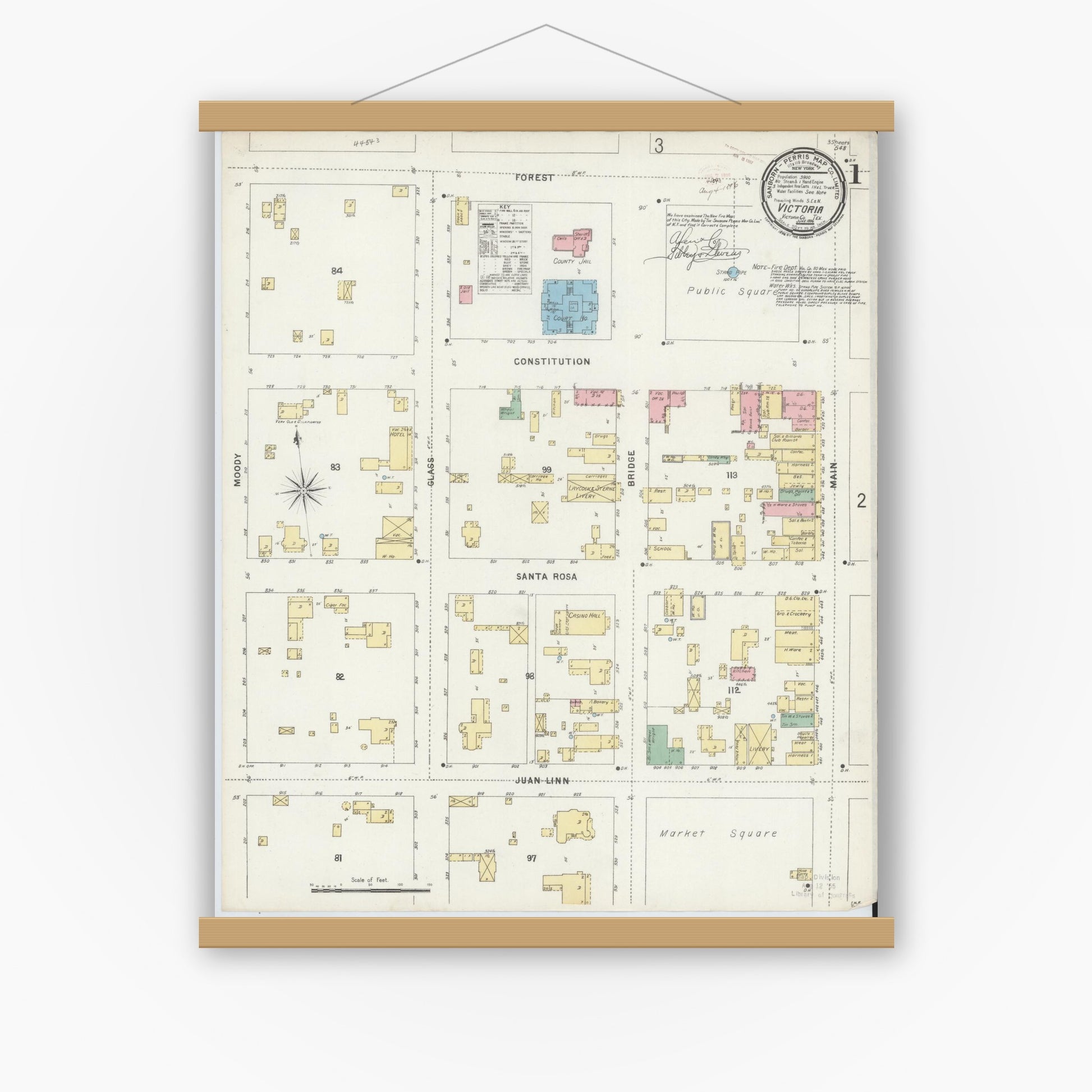 Old map wall art mockup — magnetic wood frame on white wall — Sanborn Fire Insurance Map from Victoria, Victoria County, Texas (1896), Sheet #0001