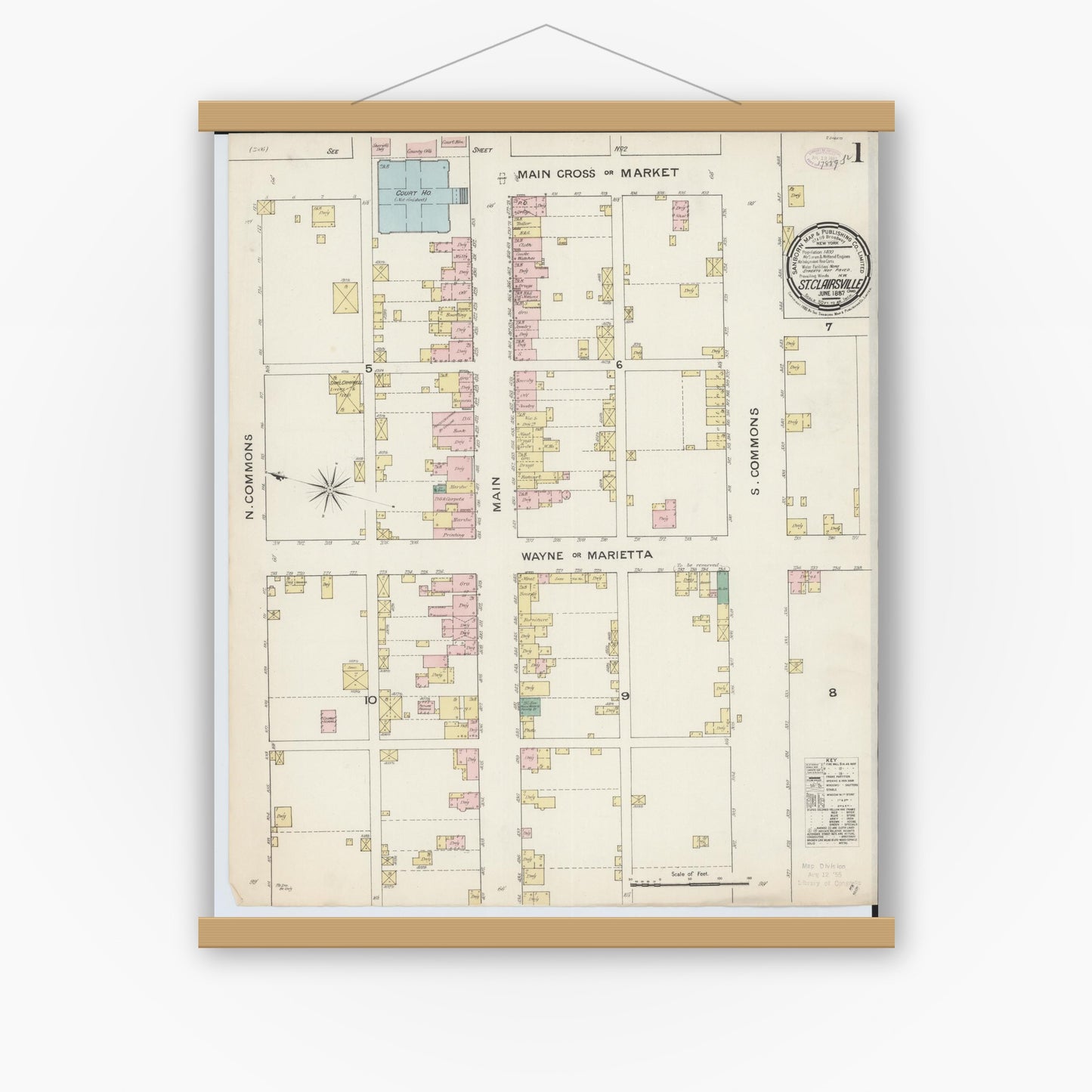 Old map wall art mockup — magnetic wood frame on white wall — Sanborn Fire Insurance Map from Saint Clairsville, Belmont County, Ohio (1887), Sheet #0001
