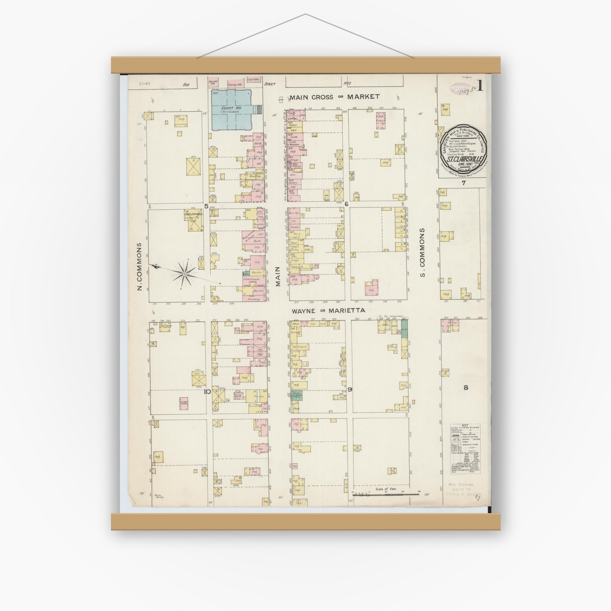 Old map wall art mockup — magnetic wood frame on white wall — Sanborn Fire Insurance Map from Saint Clairsville, Belmont County, Ohio (1887), Sheet #0001