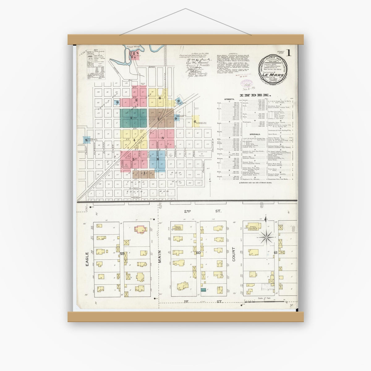 Old map wall art mockup — magnetic wood frame on white wall — Sanborn Fire Insurance Map from Le Mars, Plymouth County, Iowa (1893) â€” Complete Set