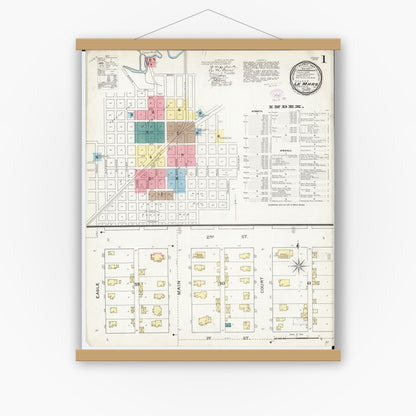 Old map wall art mockup — magnetic wood frame on white wall — Sanborn Fire Insurance Map from Le Mars, Plymouth County, Iowa (1893) â€” Complete Set