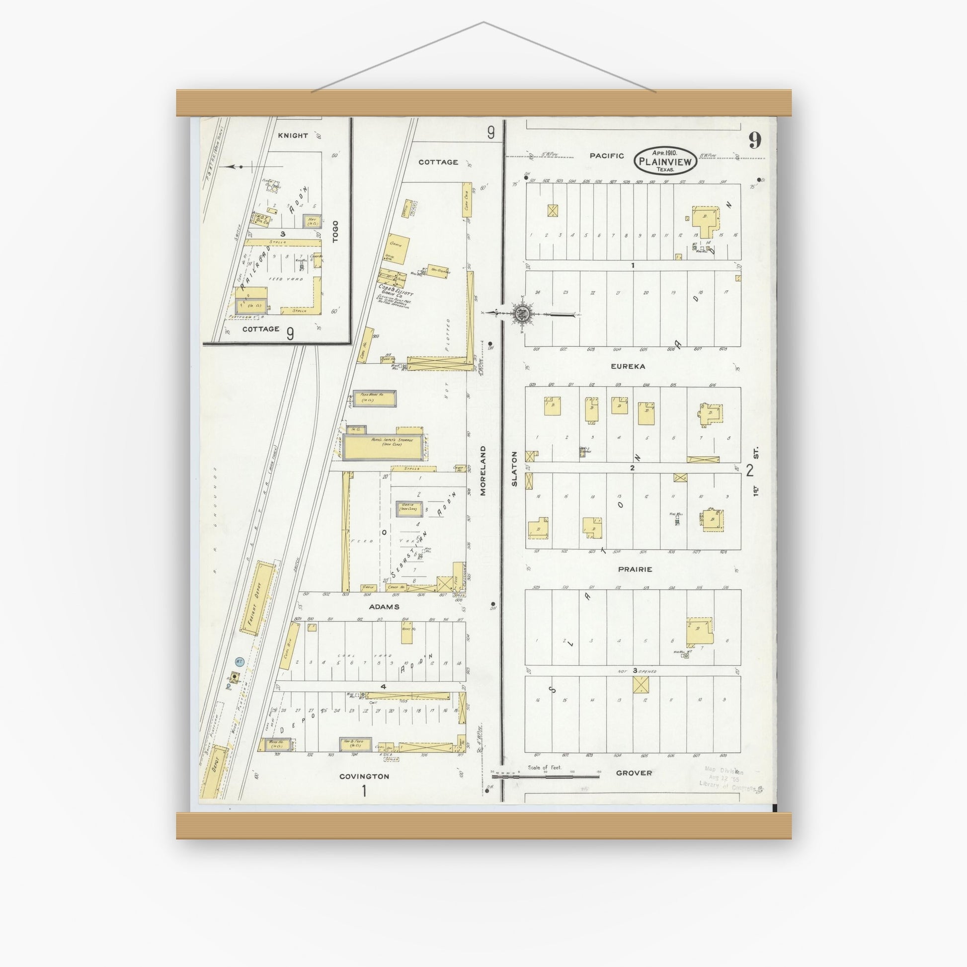 Old map wall art mockup — magnetic wood frame on white wall — Sanborn Fire Insurance Map from Plainview, Hale County, Texas (1910), Sheet #0009