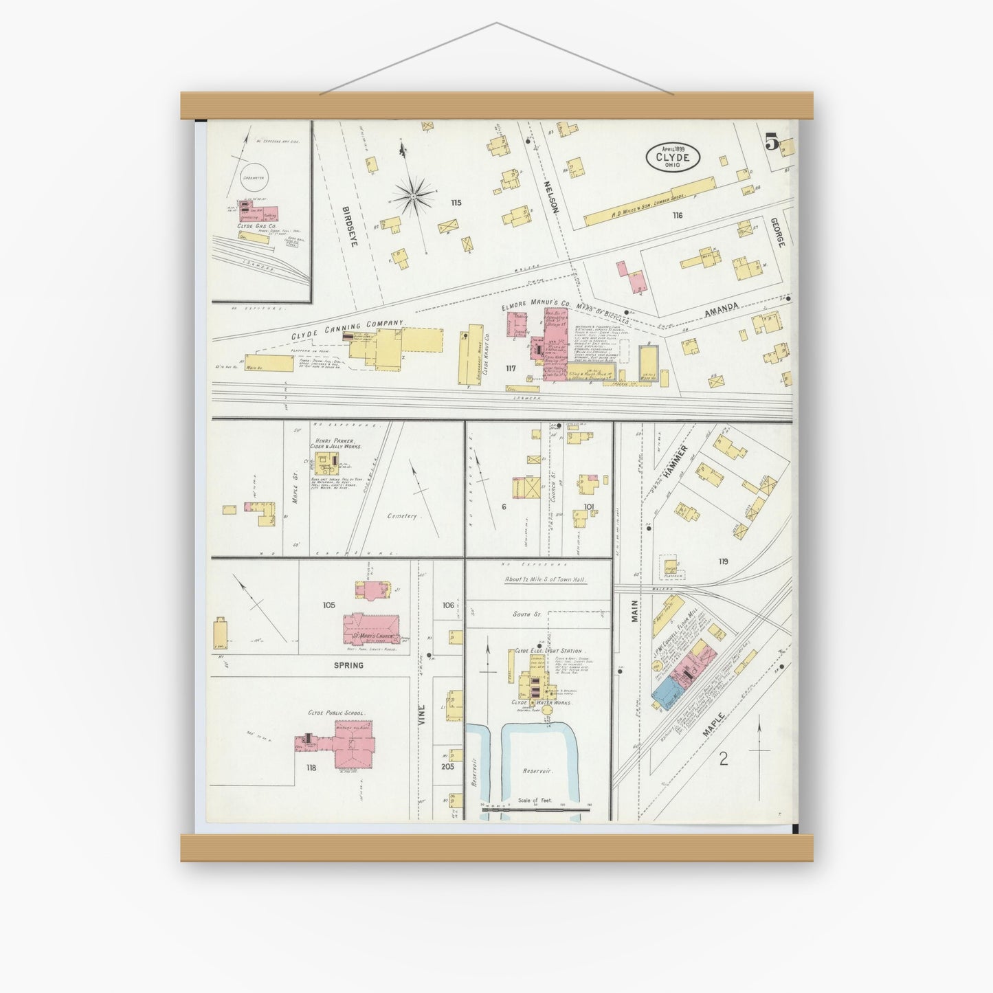 Old map wall art mockup — magnetic wood frame on white wall — Sanborn Fire Insurance Map from Clyde, Sandusky County, Ohio (1899), Sheet #0005