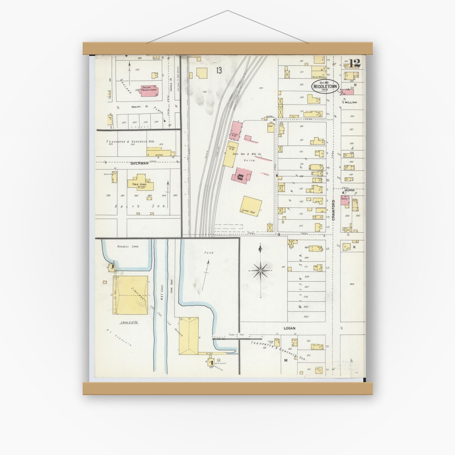 Old map wall art mockup — magnetic wood frame on white wall — Sanborn Fire Insurance Map from Middletown, Butler County, Ohio (1901), Sheet #0012
