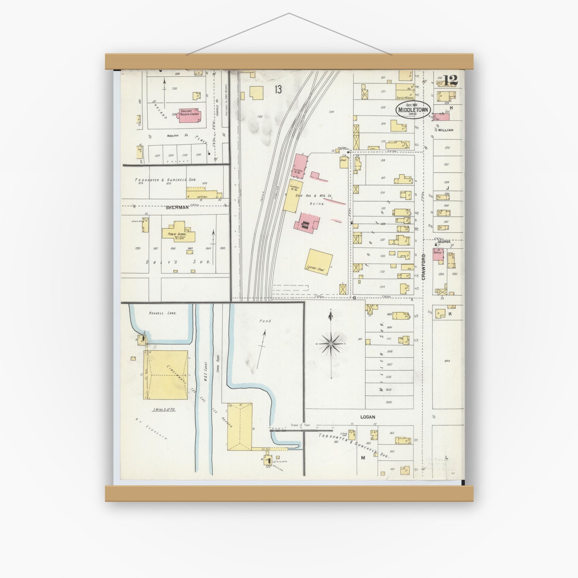 Old map wall art mockup — magnetic wood frame on white wall — Sanborn Fire Insurance Map from Middletown, Butler County, Ohio (1901), Sheet #0012