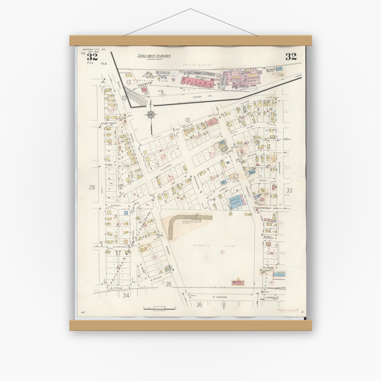 Old map wall art mockup — magnetic wood frame on white wall — Sanborn Fire Insurance Map from Michigan City, La Porte County, Indiana (1948), Sheet #0032