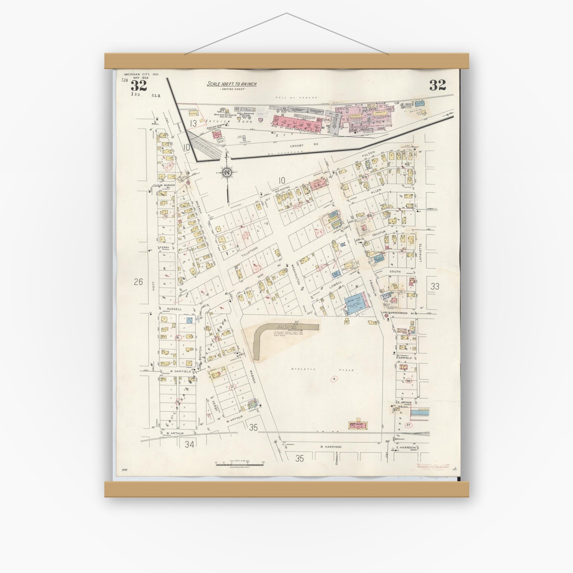 Old map wall art mockup — magnetic wood frame on white wall — Sanborn Fire Insurance Map from Michigan City, La Porte County, Indiana (1948), Sheet #0032