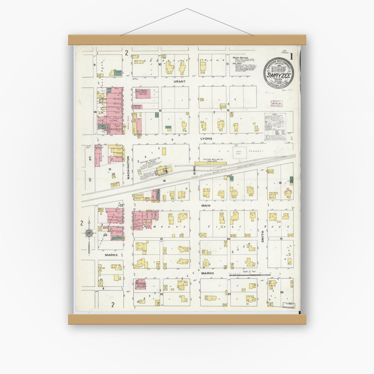 Old map wall art mockup — magnetic wood frame on white wall — Sanborn Fire Insurance Map from Swayzee, Grant County, Indiana (1909), Sheet #0001