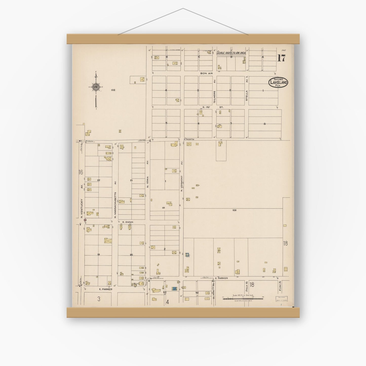 Old map wall art mockup — magnetic wood frame on white wall — Sanborn Fire Insurance Map from Lakeland, Polk County, Florida (1922), Sheet #0017