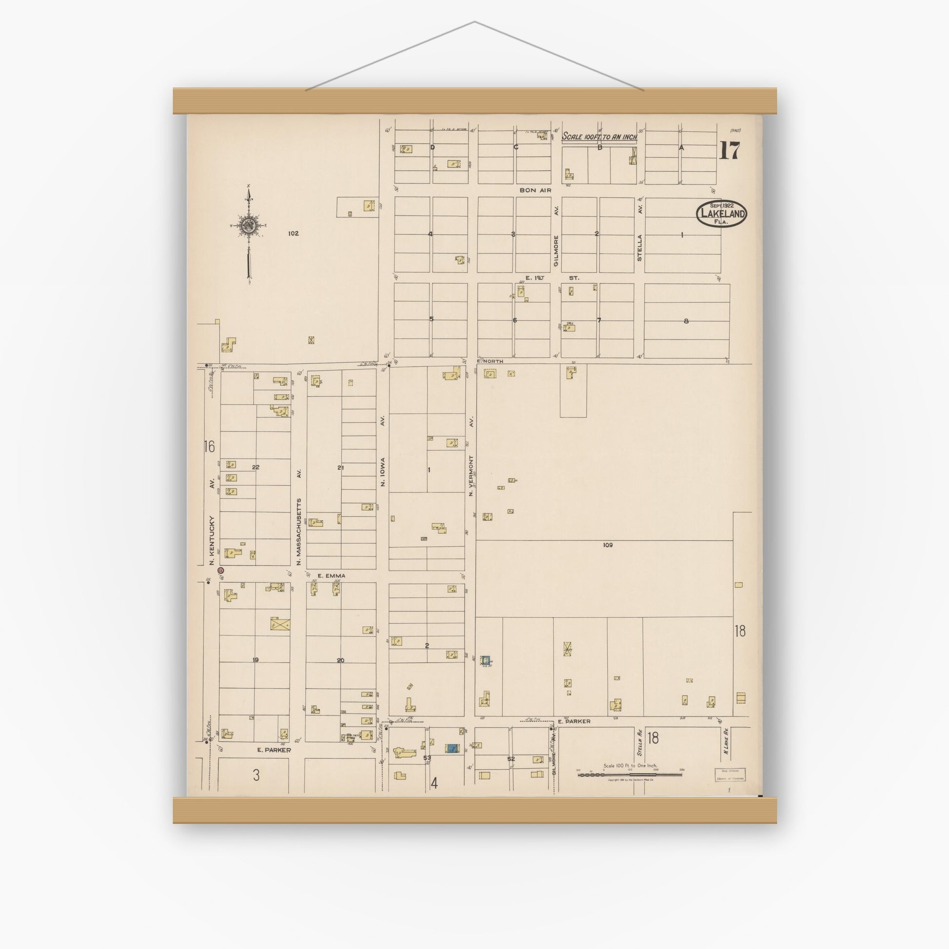 Old map wall art mockup — magnetic wood frame on white wall — Sanborn Fire Insurance Map from Lakeland, Polk County, Florida (1922), Sheet #0017