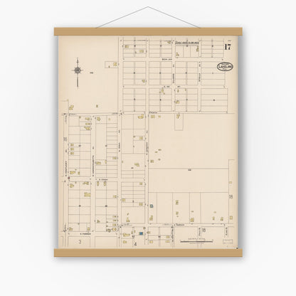 Old map wall art mockup — magnetic wood frame on white wall — Sanborn Fire Insurance Map from Lakeland, Polk County, Florida (1922), Sheet #0017