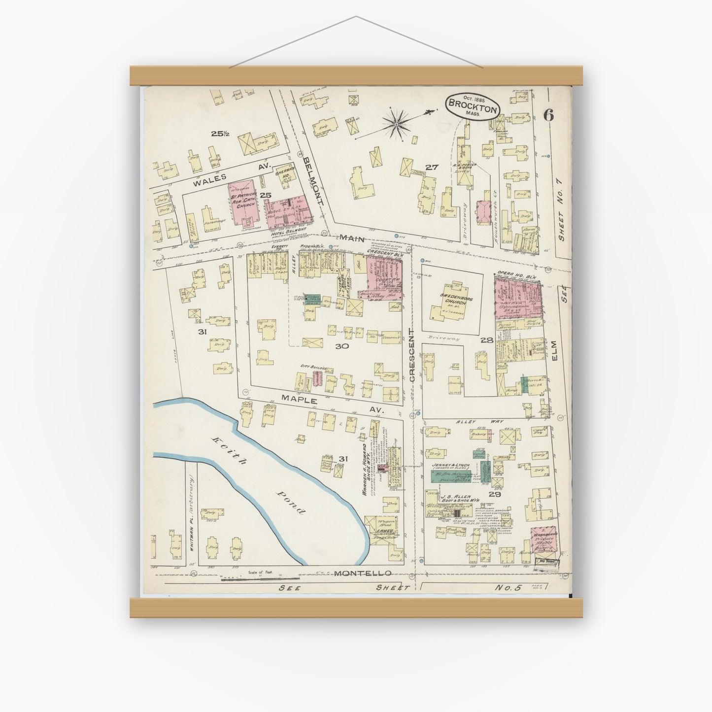 Old map wall art mockup — magnetic wood frame on white wall — Sanborn Fire Insurance Map from Brockton, Plymouth County, Massachusetts (1885), Sheet #0006