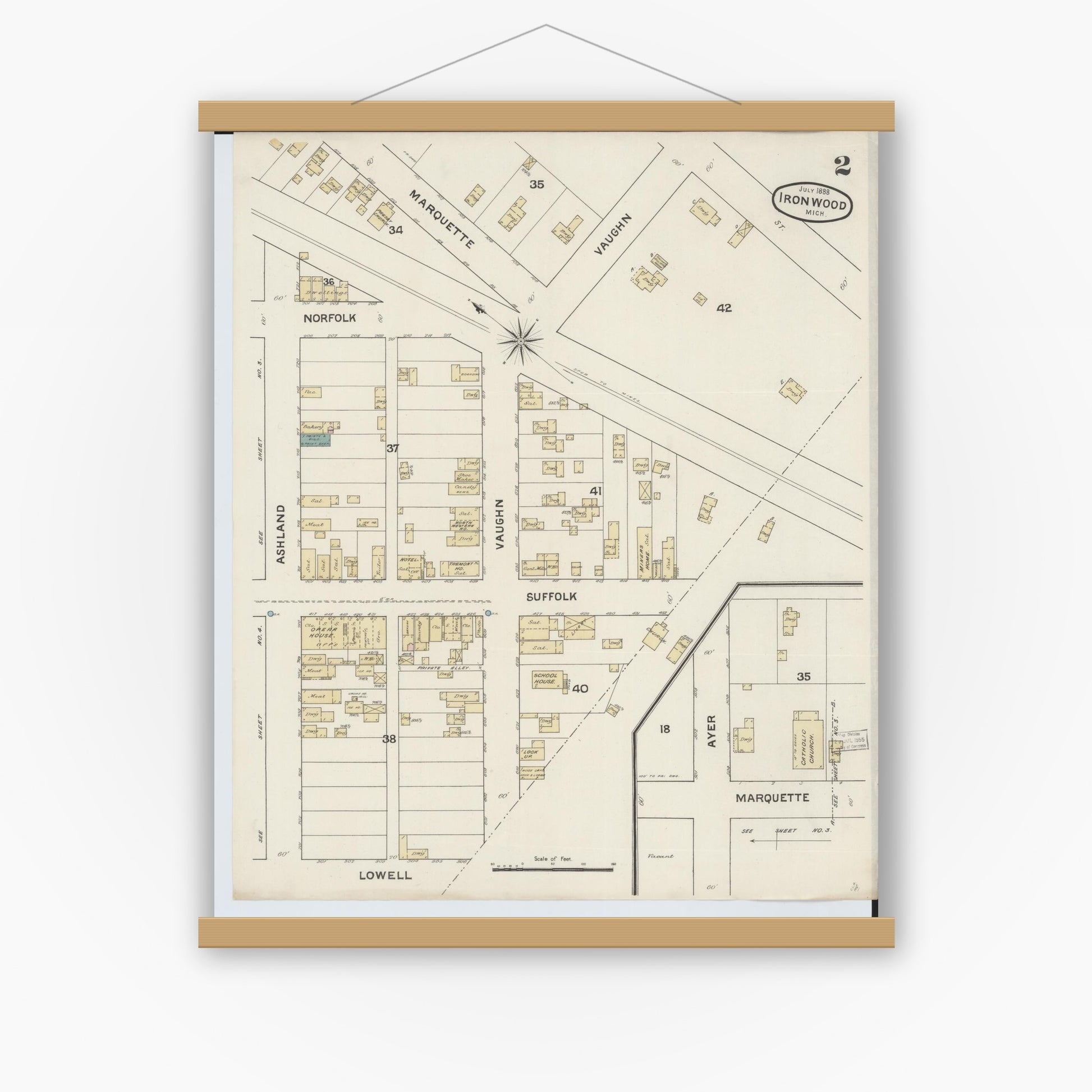 Old map wall art mockup — magnetic wood frame on white wall — Sanborn Fire Insurance Map from Ironwood, Gogebic County, Michigan (1888), Sheet #0002