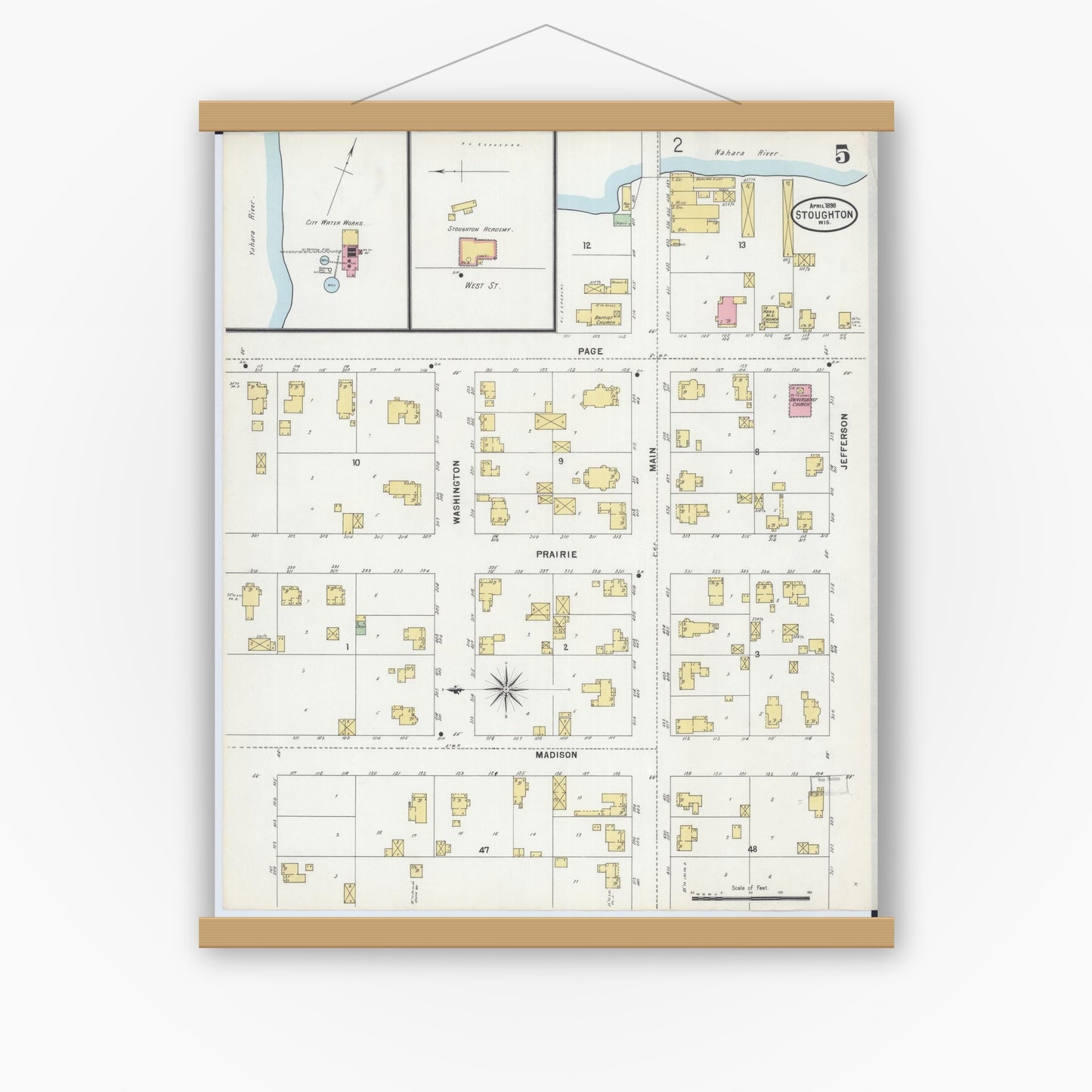 Old map wall art mockup — magnetic wood frame on white wall — Sanborn Fire Insurance Map from Stoughton, Dane County, Wisconsin (1898), Sheet #0005