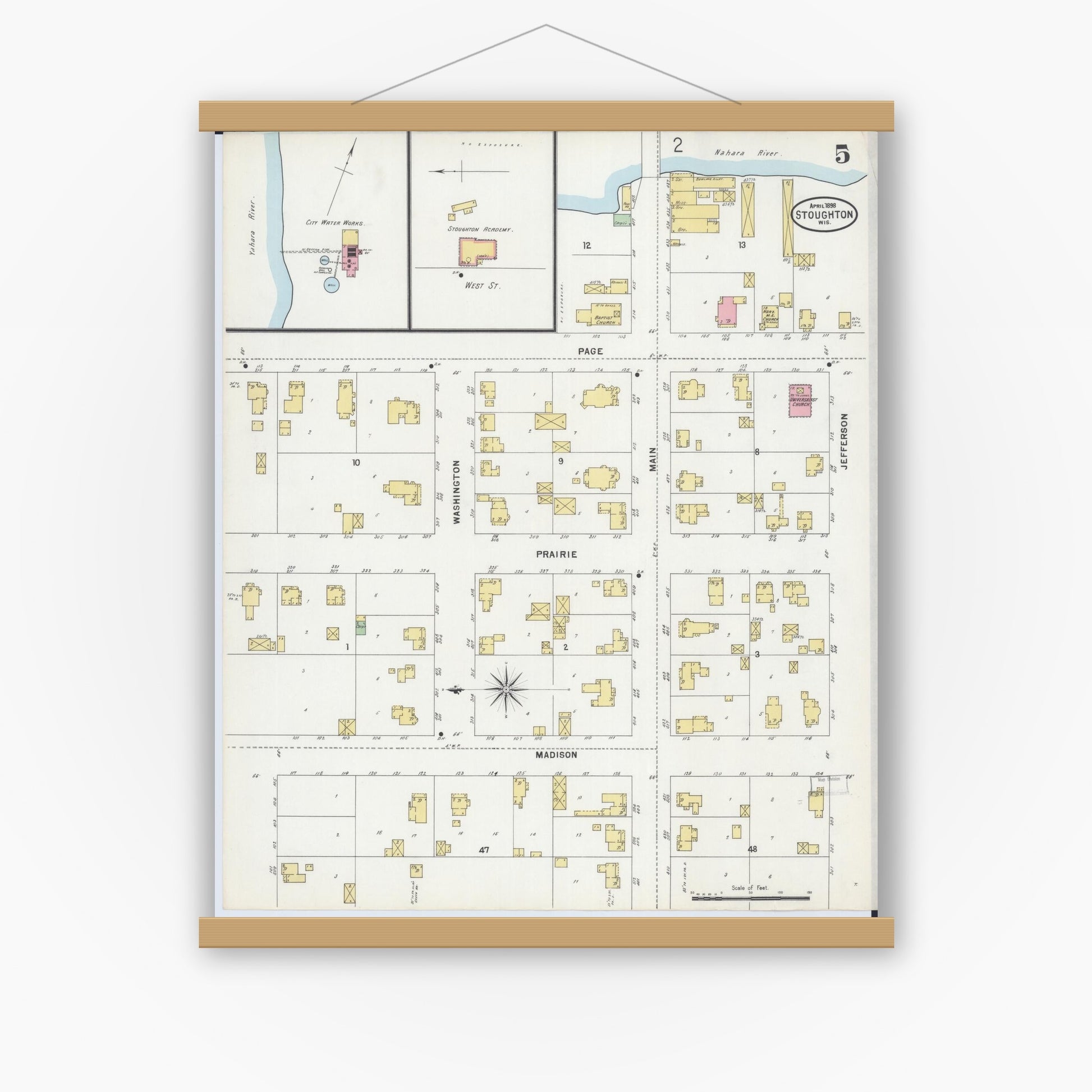 Old map wall art mockup — magnetic wood frame on white wall — Sanborn Fire Insurance Map from Stoughton, Dane County, Wisconsin (1898), Sheet #0005