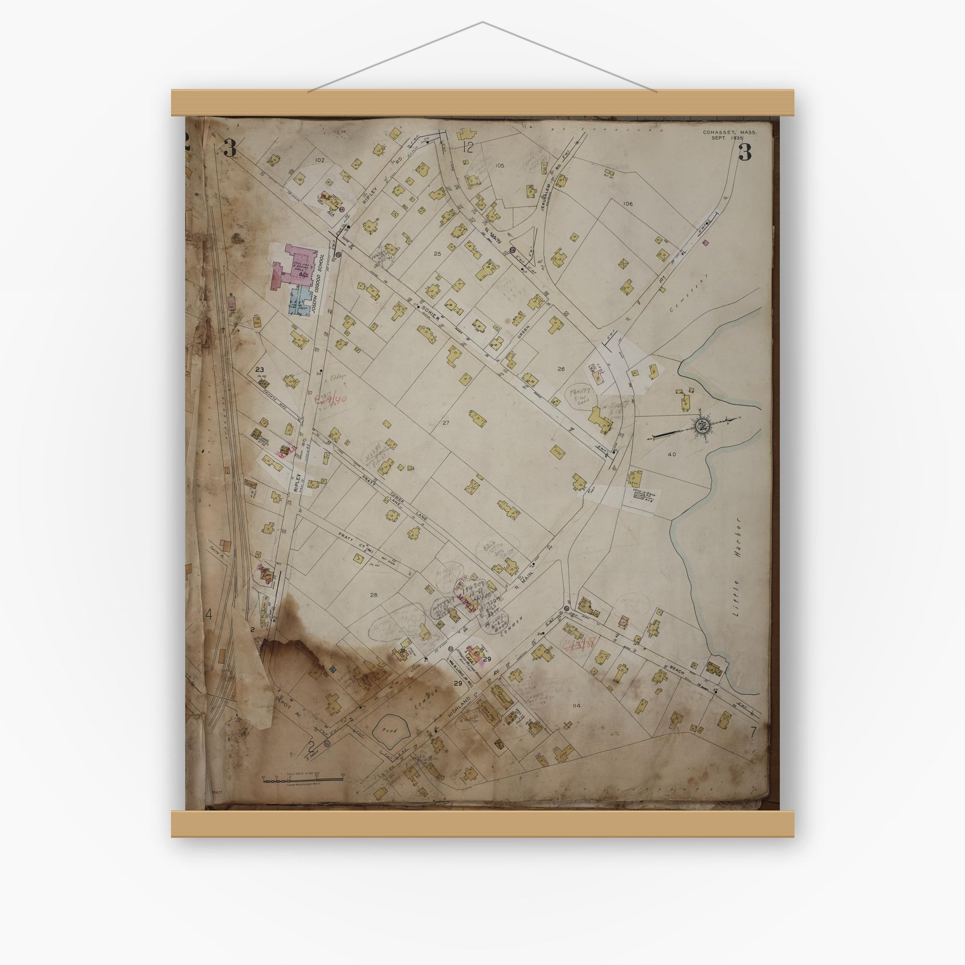 Old map wall art mockup — magnetic wood frame on white wall — Sanborn Fire Insurance Map from Cohasset, Norfolk County, Massachusetts (1963), Sheet #0003
